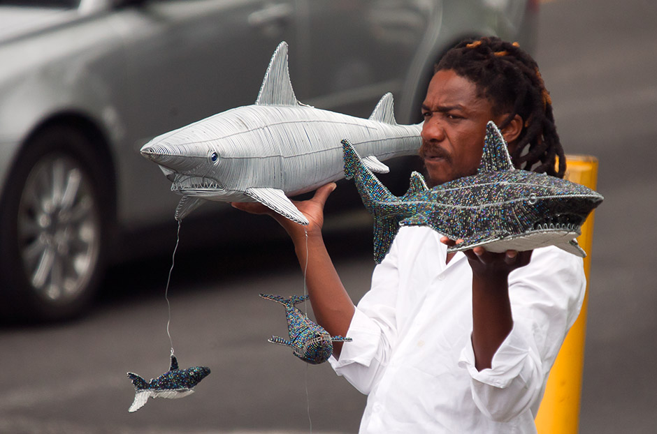 Sharks are amazing predators, and their speed and grace are well captured by the artist here.  It was fascinating to sit on the Red Bus touring the city and watching this sharp salesman spot his prey. But catch of the day goes to the predator behind the camera?